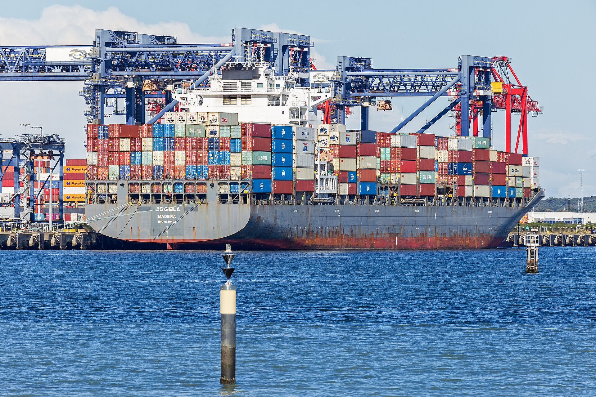 Containership Jogela docked at Port Botany, viewed from Mill Stream lookout