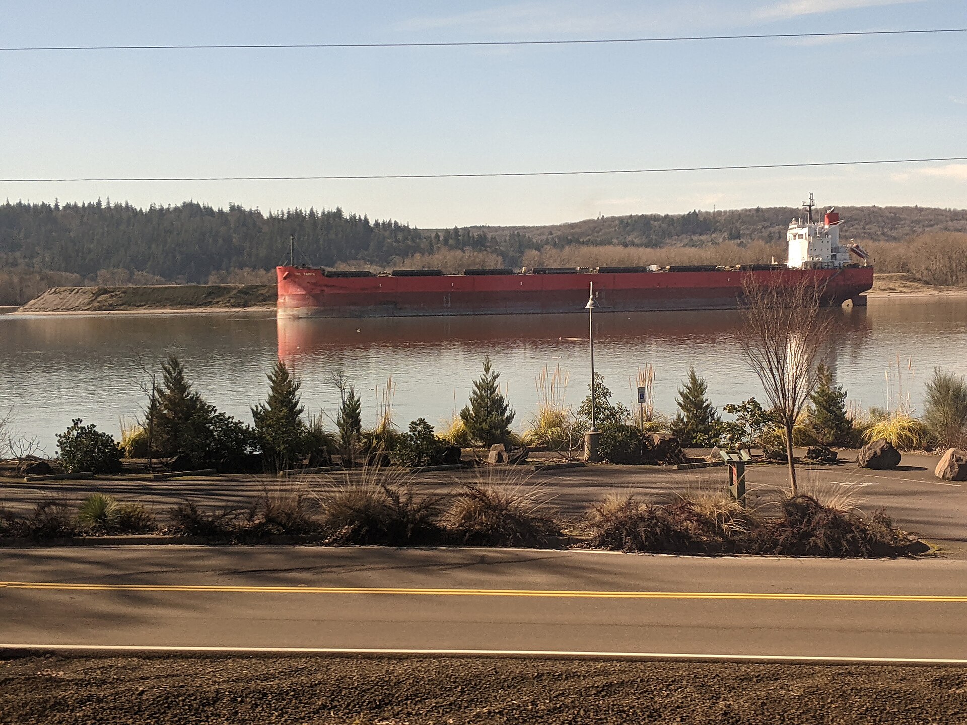 A bulk carrier anchored in the Columbia River
